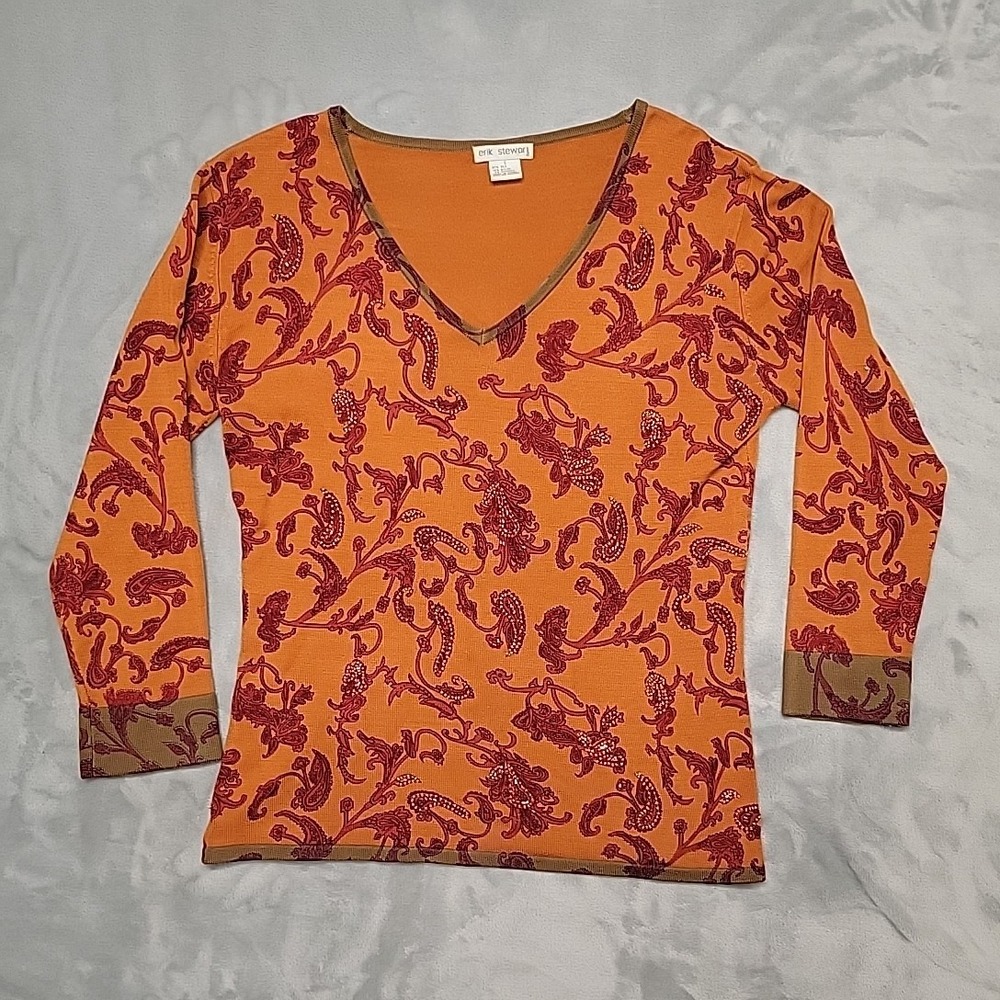 Erik Stewart Shirt Womens Small Orange Paisley Silk Blend V Neck Long Sleeve Top